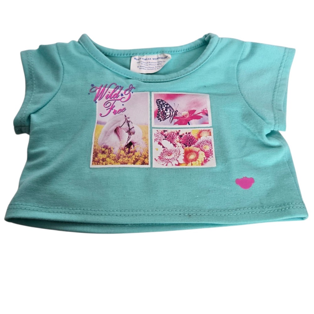 Build-A-Bear Workshop Wild & Free Shirt Teal Top Horse Butterfly Floral 2016